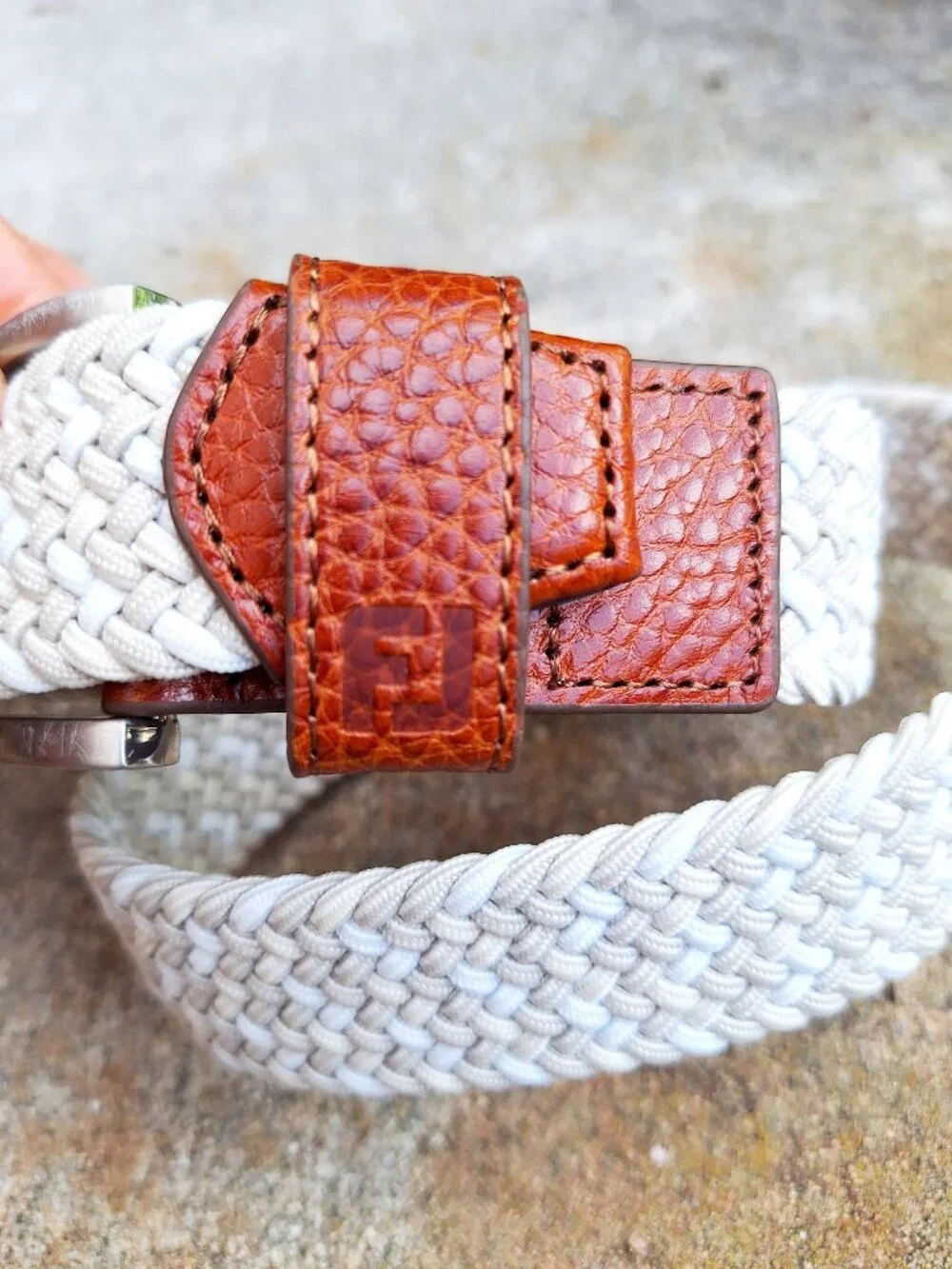 FJ Foot Joy woven stretch belt L/XL. Khaki/Stone Leather tips